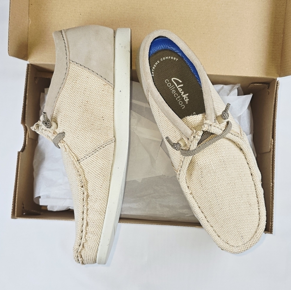 Clarks | Shacrelite Moc Toe Natural Woven Cotton Genuine Leather Suede Loafers
